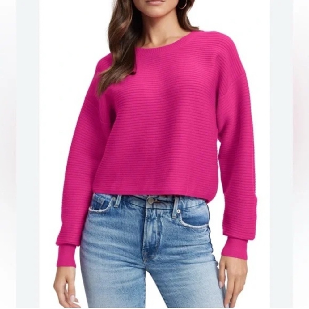 Good American Crewneck Quilted Balloon Sleeves Pink Sweater Women Size 3‎ / L